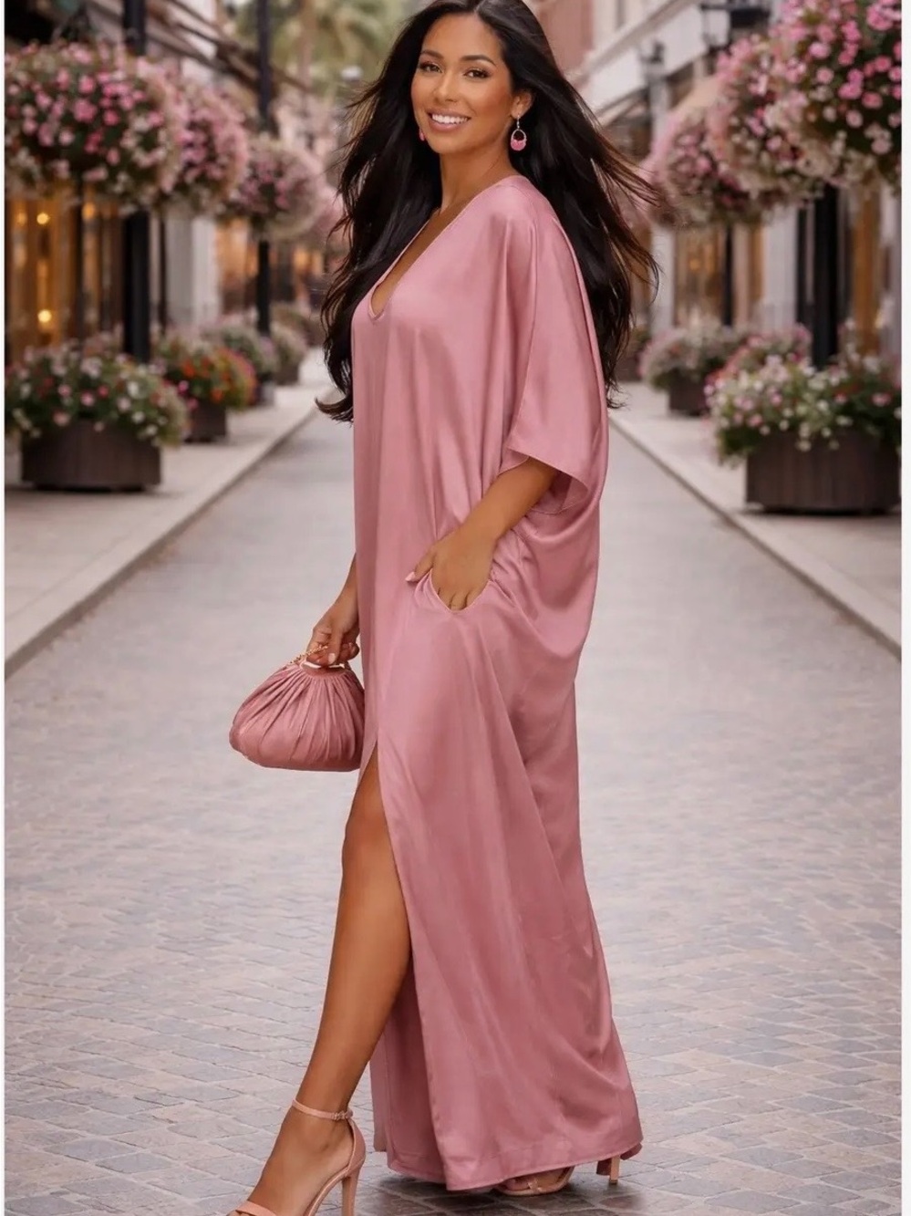 Silky Mauve Pink Maxi Kaftan Dress with Side Slit
